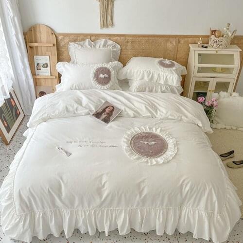 Super Soft Washed Cotton Princess Ballet Girl Embroidery Bedding Set Chiffon Ruffle Double Duvet Cover Set Bed Linen Pillowcases