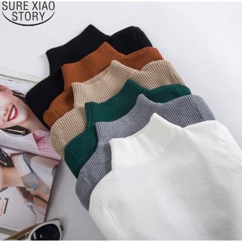 Fashion Korean Long Sleeve Knitted Sweater Turtleneck 14 Colors 2021 Autumn Solid Slim Fit Pullover Tops Sweaters Women 10643