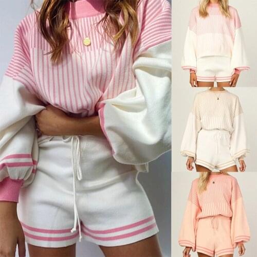 2021 Autumn and Winter New Amazon Womens Long-Sleeved Sweater Shorts Home Wear Two-Piece Suit