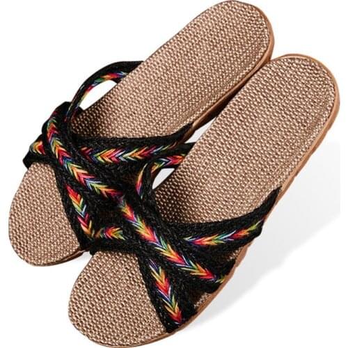 New Arrival Linen Slides for Women Home Indoor Striped Flax Slippers Casual Hemp Female Flat Flip Flops Summer 2020