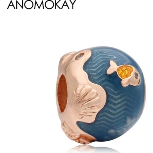 Anomokay New Arrivals Blue Ocean Series Fish Charm for Bracelet Bangle Blue & Rose Gold Color Sea Animal Beads for DIY Jewelry