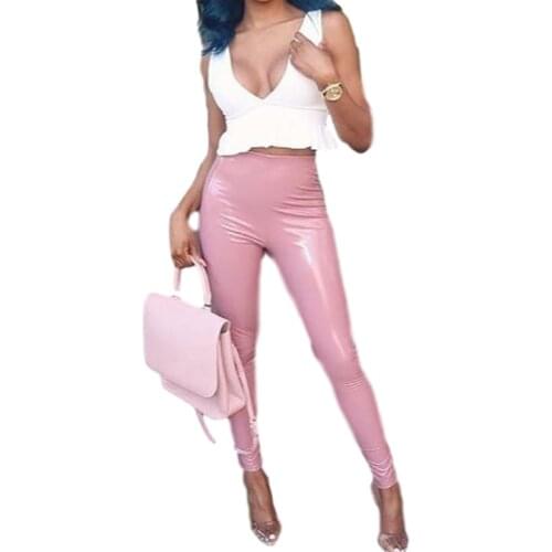 Autumn Winter Womens Leather Trousers Bright PU Elasticity Pants Female Goth Slim Streetwear Fashionable Womens Clothing