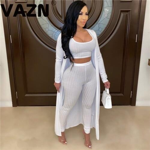 VAZN Popular 2020 secy women white black solid 3-piece long set full sleeve ankle-length coats waistcoat tops long pants set