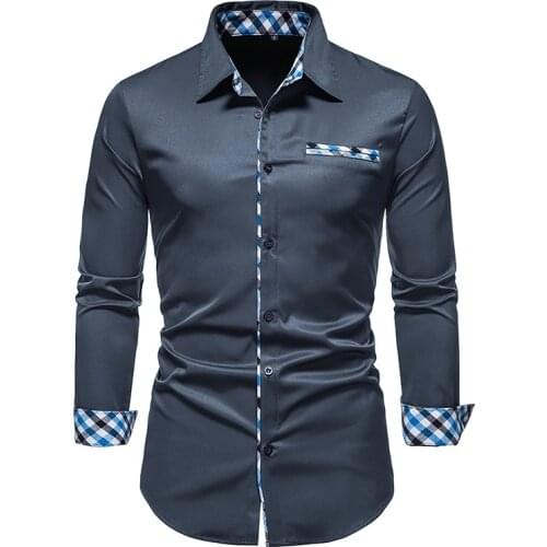 PARKLEES Mens Long Sleeve Plaid Patchwork Slim Dress Shirt Business Classic Formal Shirts for Men Casual Wedding Party Camisas