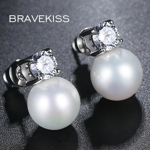 BRAVEKISS New Fashion White Zircon Pearl Stud Earrings For Women Bride Charm Earring With Stones Accessories Jewel 2020 BUE0342