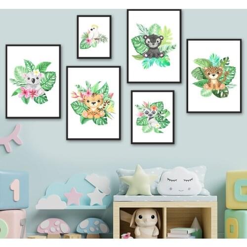 Tiger Bear Raccoon Koala Leopard Parrot Plant Wall Art Canvas Painting Nordic Posters And Prints Wall Pictures Kids Room Decor