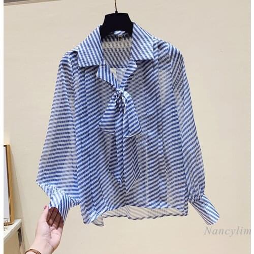 Womens Stripe Blouse 2021 Spring Autumn New Chiffon Shirt Female Lady Long Sleeve Tops Nancylim Blusa Mujer Nancylim