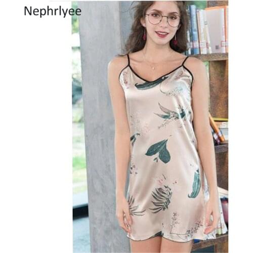 Womens V-Neck Solid Nightdress Sexy Sling Lace Spliced Nightgowns Dress Spaghetti Strap Cool Thin Sleepwear Chest Pad