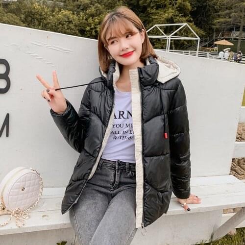 Korean Style Womens Winter Jacket Plus Size Loose Solid Hooded Short Parkas Woman Cotton Padded Stand Collar Thick Coats Female