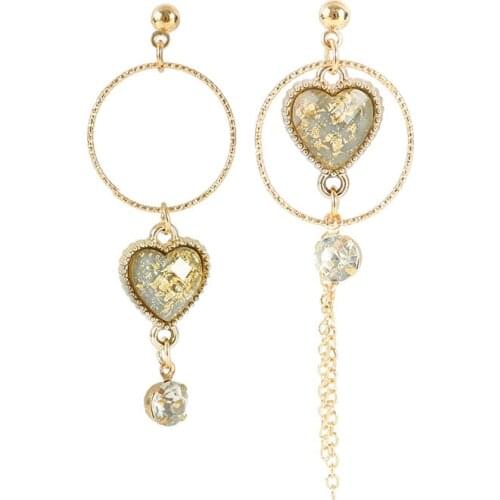 Korean Style Asymmetric Earrings Gold Color Big Hollow Round Circle Heart Zircon Long Drop Earrings For Women Fashion Jewelry
