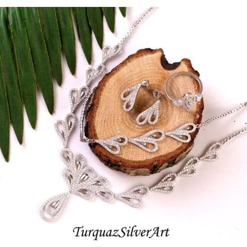 Woman Dainty Zirconia 925 Silver Jewelry Set, Zirconia ring, Drop Zirconia Bracelet, Zirconia Necklace, White Zirconia