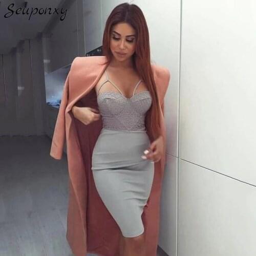 High Quality 2021 Summer Sexy Spaghetti Strap Backless Strap Dress Elegant Women Bodycon Hollow Celebrity Party Dress Vestidos