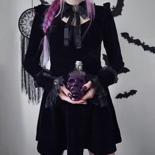 Harajuku Pleated Punk Winter Sleeve Women MIni Dress Dark Hollow Out Gothic Dresses Aesthetic Long Lace Chic Elegant Vestidos