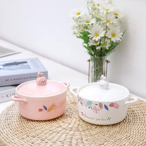 1000ML cartoon cute Bunny flowers ceramic noodle bowl with lid rice bowl binaural heat insulation and anti-scald bowl tableware