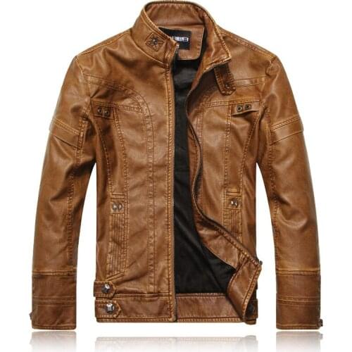 2021 Winter Brown Leather Jacket Men Stand Collar Zipper Up Fur Lining Slim Biker Motorcycle Jacket Casaco Couro Casculino