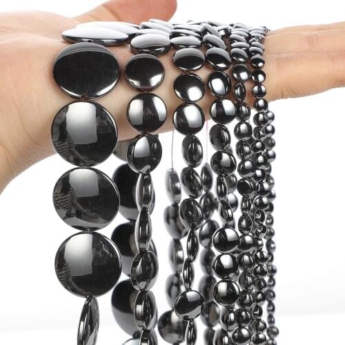 Natural Stone Beads Flat Round Black Hematite Loose Spacer Beads for Jewelry Making DIY Bracelets Needlework Accessories 4-20MM