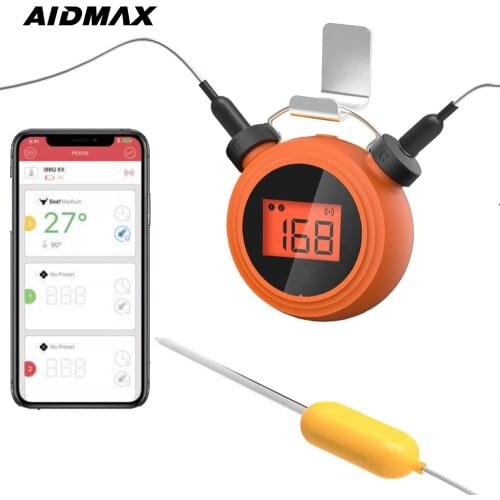 AidMax Digital Bluetooth Wireless Outdoor Barbecue Culinary Food Meat Thermometer For Charcoal Grill Oven Smoker MiniClock