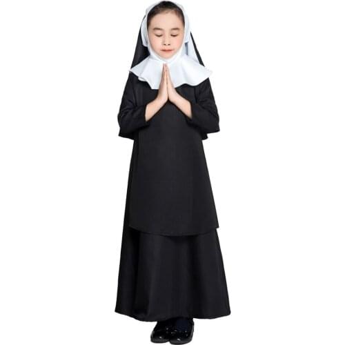 Kid Girls Halloween Nun Costume Black Hooded Shawl Gown Dress Set Fancy Catholic Cloak Cape Uniform For Baby Child M-XL