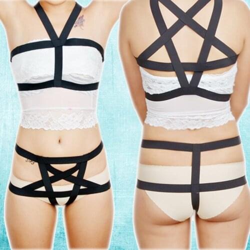 Pentagram shape frame cage bra pentagram g-string garter belt set sexy body harness bondage lingerie N0035