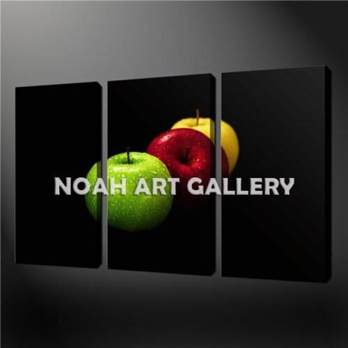 Oil Painting Canvas Print Still Life Red and Green Fruit Black Ground Art Poster Decorative Pictures for Kitchen Room 3 Piece