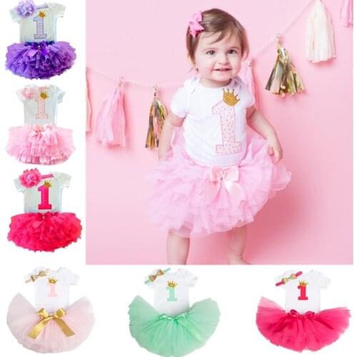 1st Birthday Party Baby Girl Dress Number Rompers+Tutu Gown+Flower Headband 3pcs Outfits 1 Year Old Infant Girls Clothes