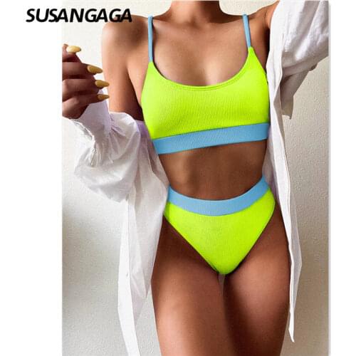 High Waist Bikini Swimwear Women Sport Bandeau Sexy Ribbed Bithing Suit Triangle Bikini Set Push Up Swimsuit Summer Beachwear