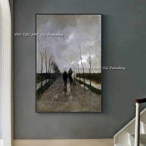 Large Size 100% Handmade Oil Painting Couple Walk In Grey Tree Road Landscape Abstract Hand painted for home decoration gift