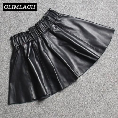 Genuine Leather Sexy Mini Skirts Women Elastic Waist Lambskin 100% Real Leather Pleated A-Line Skirts Ladies Slim Autumn Skirt