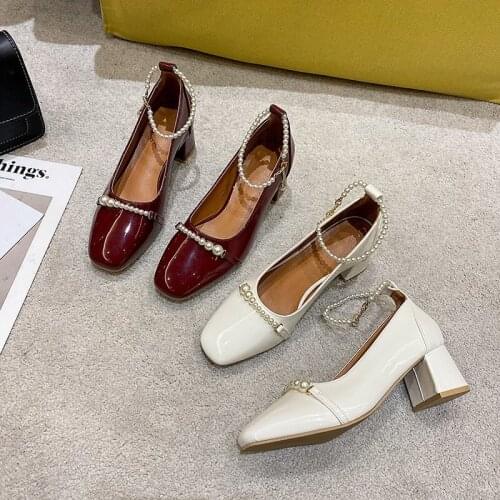 New Beige High Heels African Woman Shoe Shallow Mouth Square Toe All-Match 2021 Chunky Sandals Mary Jane Branded Pumps