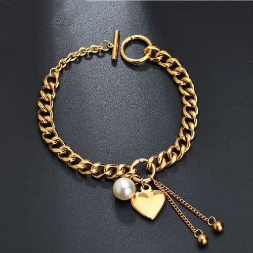 316L Stainless Steel 2021New Fashion Upscale Jewelry Love Heart Pearl OT Shape Buckle Tassel Thick Chain Bracelets For Women