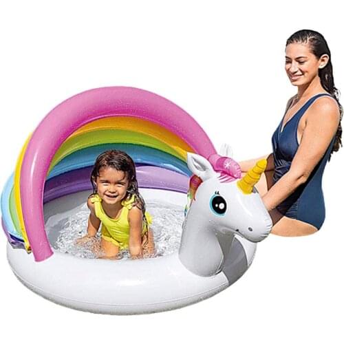 New Hot Unicorn Inflatable Circle Baby Float Pool Swimming Ring With Sunshade Floating Seat Summer Beach Party Pool Toys
