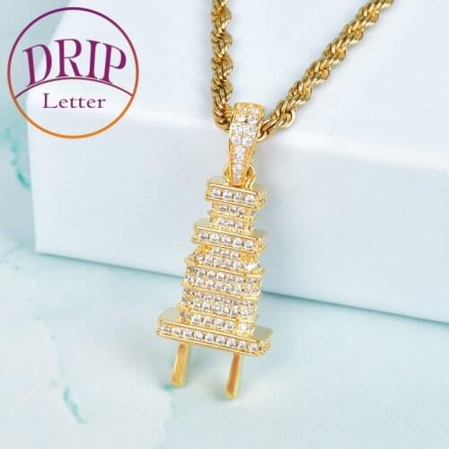 Bling Plug Pendant Necklace Gold Color Mens Iced Charms Micro Pave Full Rhinestone Hip Hop Jewelry