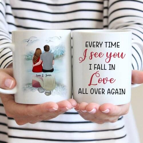 Couple Personalized Mug Custom Made Coffee Cups Gift for Wife Husband DIY Fall In Love All Over Again 11/15 Oz R2063