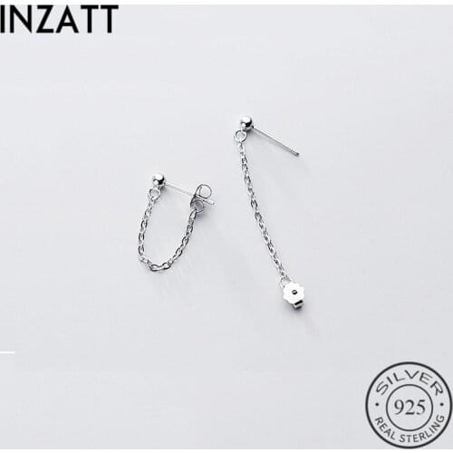 INZATT Real 925 Sterling Silver Minimalist Chain Bead Stud Earrings For Fashion Women Cute Fine Jewelry Accessories Gift