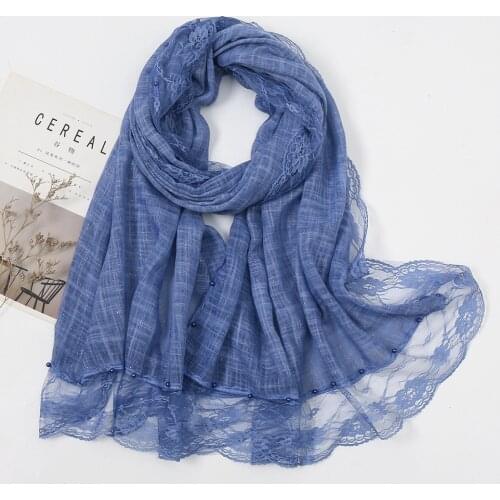 Gold Glitter Cotton Linen Long Shawl Hijabs With Lace Edges Beaded Pearl Islamic Womens Scarf Wrap Headscarf Autumn Winter