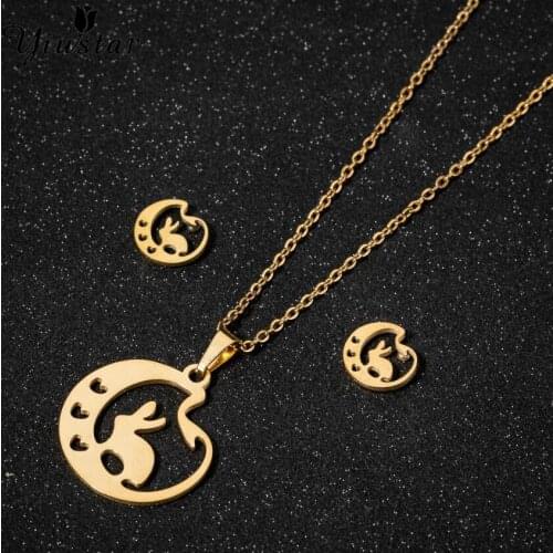 Yiustar Rabbit On The Moon Jewelry Sets With Pendant Necklace Stainless Steel Chain And Tiny Stud Earring For Women Party Gift