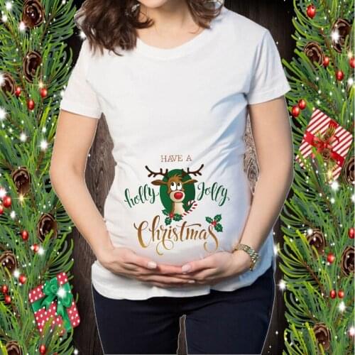 Pregnant Funny T-shirt Pregnant Women Maternity Clothes Pregnancy Merry Christmas Reindeer Graphic Printed Short Sleeve Tee