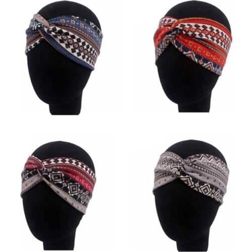 1 Pc Women Ethnic Printed Cross Wide Headband Twisted Turban Elastic Hairband Beauty Cotton