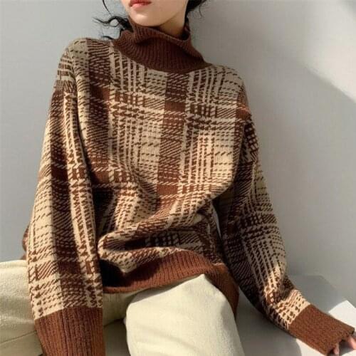 Women Plaid Turtleneck Sweater Vintage Oversized Long Sleeve Pullover Knitted Sweater Female Korean Casual Loose Pull Femme