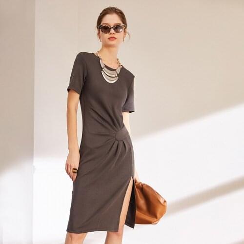 Dress Women Asymmetric Design 100% Cotton Solid 2 Colors O Neck Short Sleeve Casual Elegant Dresses New Fashion