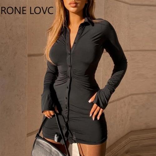 Women Buttoned Bell Sleeve Slit Shirt Dress Five Colors Dress Women Spring Bodycon Dress