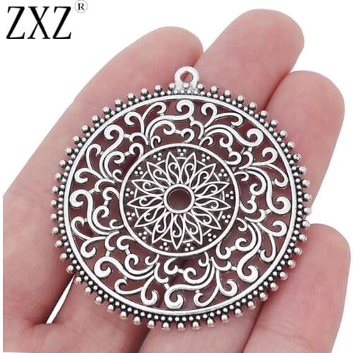 ZXZ 5pcs Tibetan Silver Large Filigree Flower Round Charms Pendants for Necklace Jewelry Making Findings 50x50mm