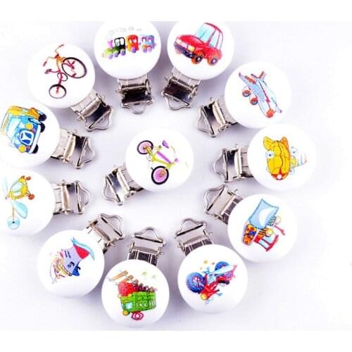 10 Baby Pacifier Clips Mixed Pattern Transportation Wood Metal Holders Cute Infant Soother Clasps Funny Accessories 4.4x2.9cm