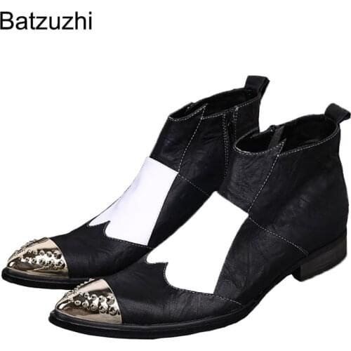 Batzuzhi Fashion Mans Boots Black and White Leather Ankle Boots Man Short Ankle Pointed Iron Toe Botas Hombre, Big Sizes US6-12