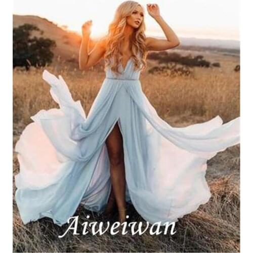 Flowing Chiffon Blue V Neck Long Split Prom Dresses Formal Evening Gown ,Bohemian Wedding Dress 2021