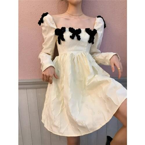 French retro white puffy princess dress spring new year clothes white off shoulder bow dresses