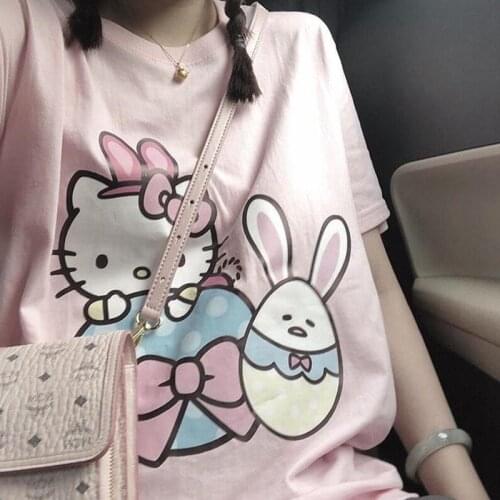 Harajuku Style 2021 Summer Japanese Wild Pink Short-sleeved T-shirt Female New Ins Japanese Kitten Print Loose Student Shirt