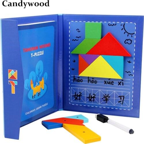 Magnetic Tangram & T-words Puzzle Game Book Kids Wooden Toys Shapes Jigsaw Puzzle Board Early Educational Toys for Children