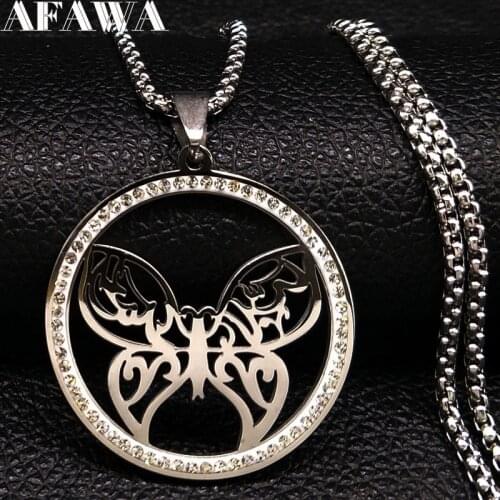 Fashion Islam Crystal Stainless Steel Necklace for Women Butterfly Silver Color Necklaces Pendants Jewelry N18506