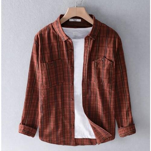 Long Sleeve Plaid Shirt For Men 2020 Autumn New 100%Cotton Red Turn-down Collar Casual Male All-match Clothing Y3174